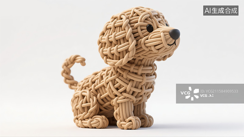 【AI数字艺术】可爱3D藤编小狗创意抽象商业背景中国十二生肖非物质文化遗产工艺呈现蹲坐翘尾小狗白底上蓬松藤圈纹理海报图片素材