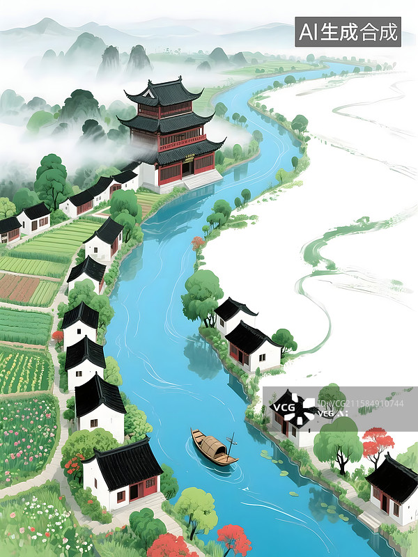 【AI数字艺术】国风水墨中国画 水乡古镇背景海报壁纸图片素材
