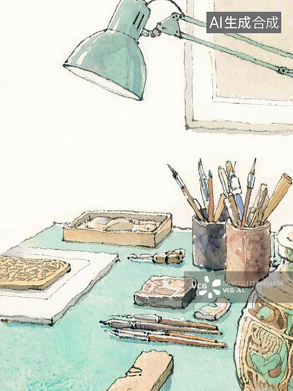 【AI数字艺术】手工绘画创作艺术工作台场景岩石陶瓷版块泥塑文物修复实验室桌子水彩笔刻刀印章台灯工具手绘水彩风格速写图片素材