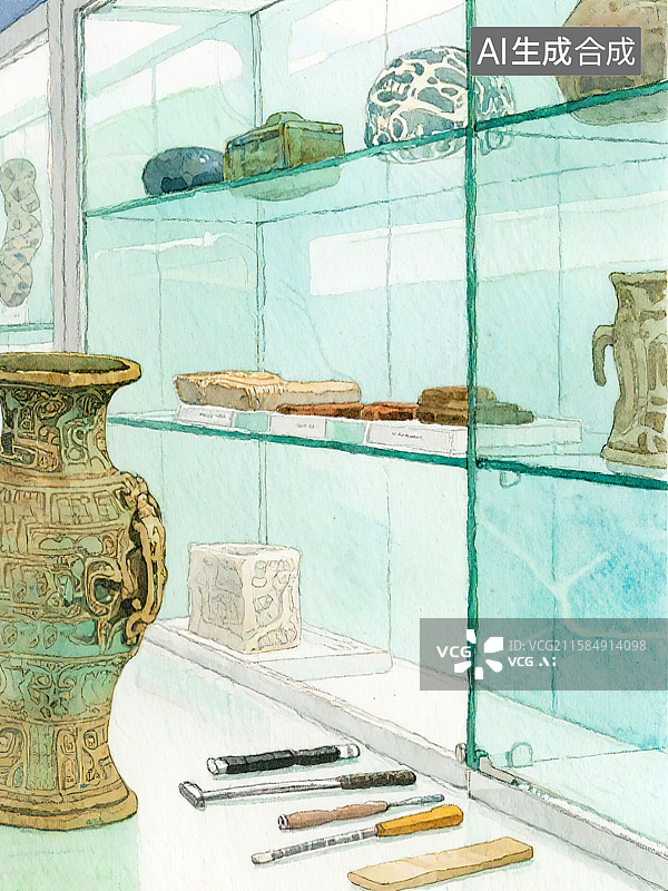 【AI数字艺术】博物馆文物保护修复研究工作室实验室场景青铜器陶瓷桌面工作台透明玻璃展柜 手绘水彩风格速写插图绘画图片素材