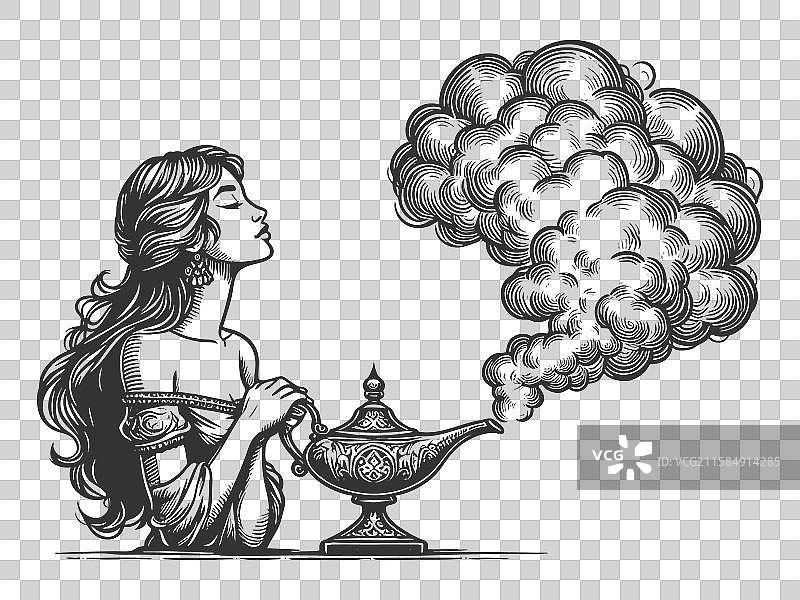 神秘的女人手持魔法灯图片素材