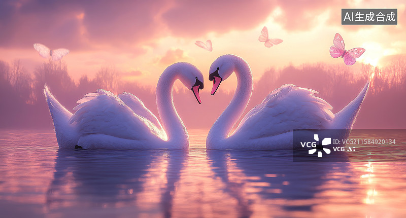 【AI数字艺术】夕阳下水面上的双天鹅与蝴蝶图片素材