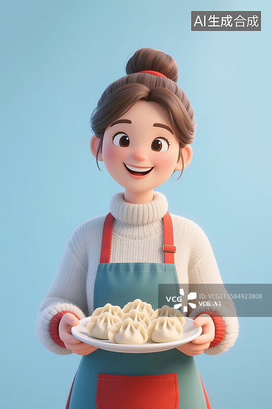 【AI数字艺术】3D立体三维C4D冬天立冬冬至大雪小雪大寒小寒春节元宵节一个女人端着一盘饺子图片素材