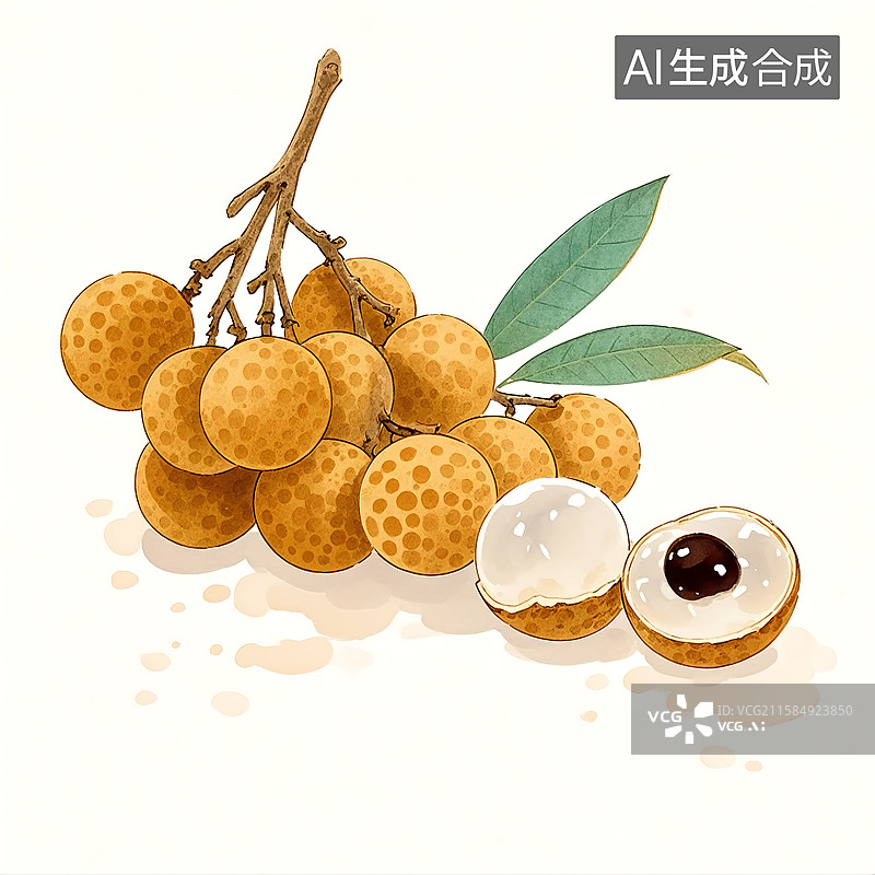 【AI数字艺术】手绘清新治愈系水彩画水果丰收桂圆龙眼图片素材