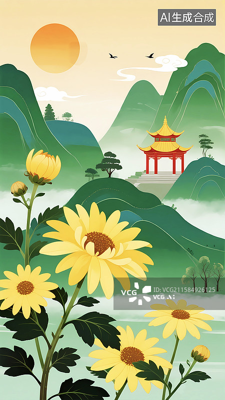 【AI数字艺术】秋天菊花古建筑重阳节插画背景图片素材