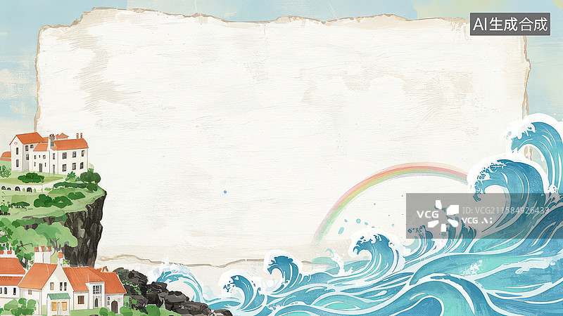 【AI数字艺术】水墨画环绕-背景壁纸-1海边小镇与彩虹波浪背景图图片素材