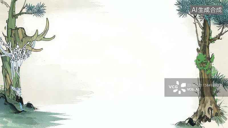 【AI数字艺术】水墨画两侧-背景壁纸-1两棵古树对称分布的自然背景图片素材