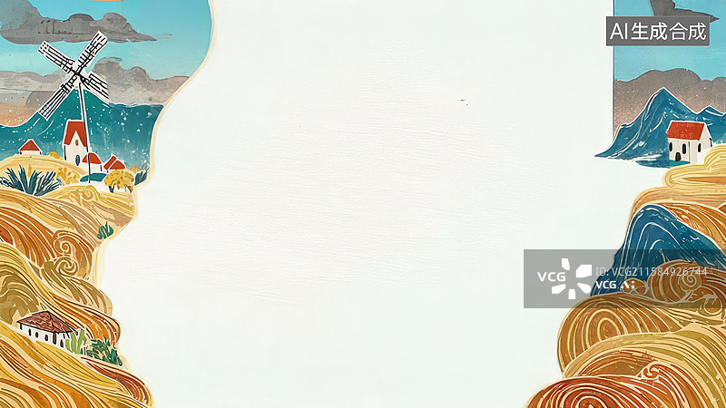 【AI数字艺术】水墨画两侧-背景壁纸-1乡村风景与风车的拼接艺术图片素材