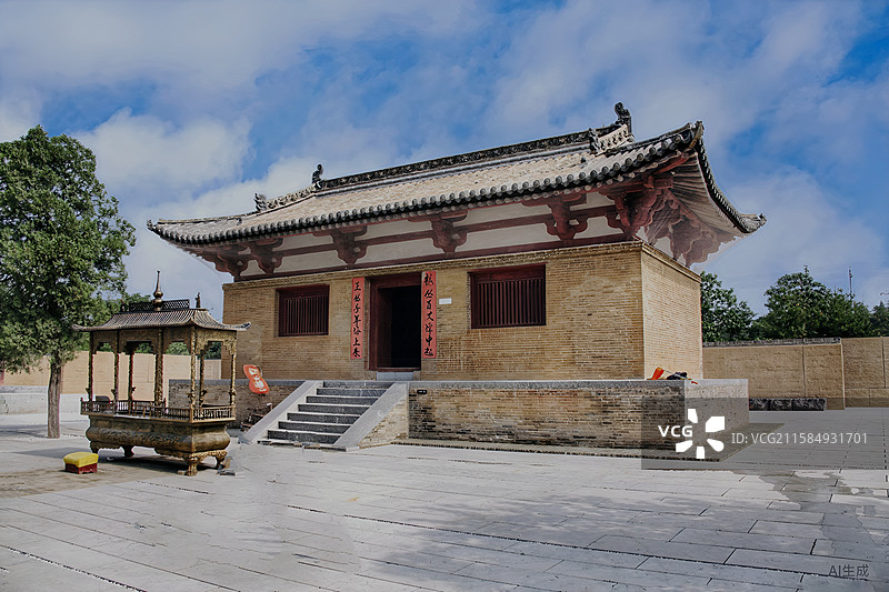 山西芮城五龙庙，建于唐大和五年，是仅存的唐代道教木构建筑，风格古朴，斗拱简洁，梁架精巧，唐碑记载水利图片素材