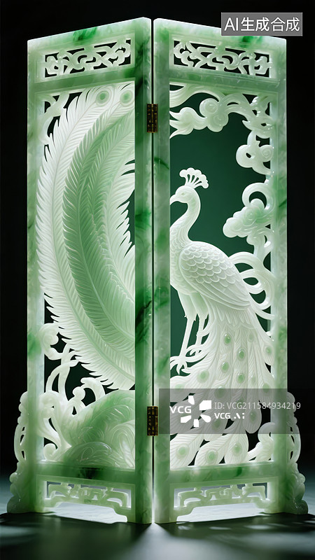 【AI数字艺术】翡翠屏风雕刻孔雀图案图片素材