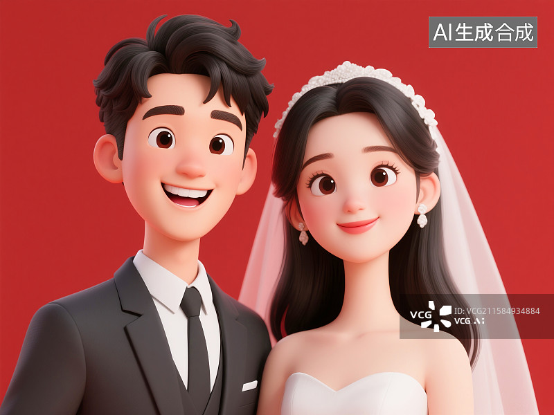 【AI数字艺术】3D新郎新娘结婚纪念照插画图片素材