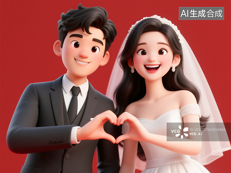 【AI数字艺术】3D新郎新娘结婚纪念照插画图片素材