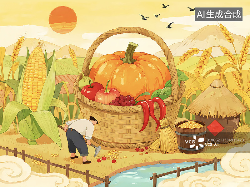 【AI数字艺术】人民日报画风金色描边插画秋天丰收图片素材