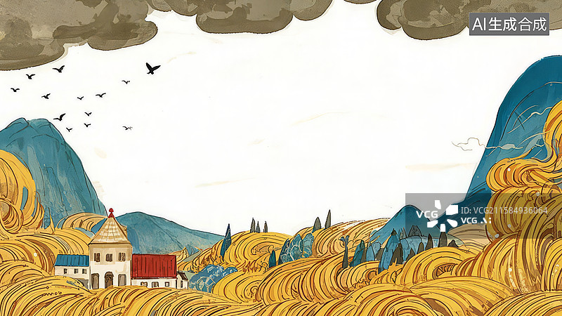 【AI数字艺术】水墨画最大-背景壁纸-1.山间村落与金黄麦浪图片素材