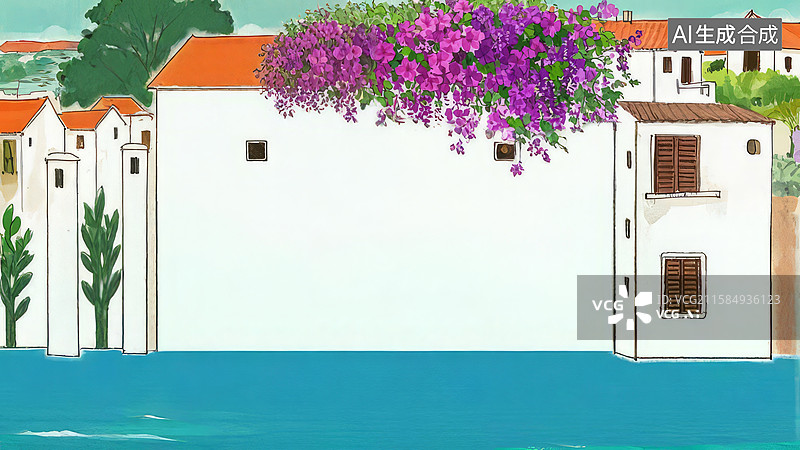 【AI数字艺术】水墨画最大-背景壁纸-1.海滨小镇的白色建筑与紫色花藤图片素材