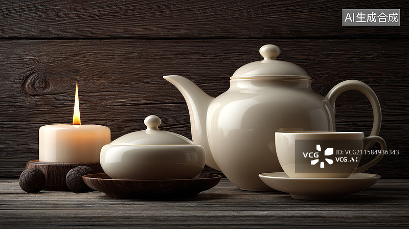 【AI数字艺术】木架上陈列着茶具蜡烛包装盒图片素材