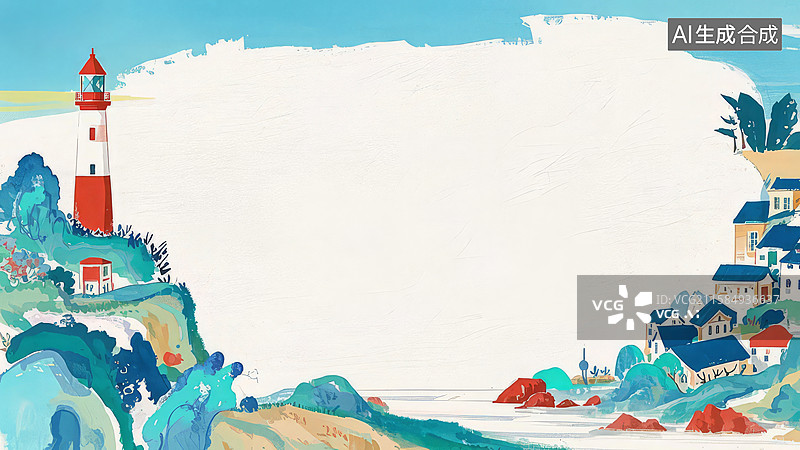 【AI数字艺术】水墨画最大-背景壁纸-1.海滨灯塔与小镇的宁静风景图片素材