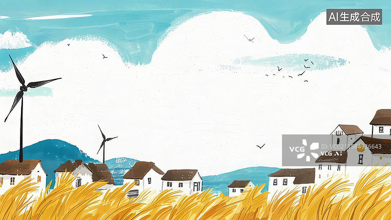 【AI数字艺术】水墨画最大-背景壁纸-1.风车与村庄的田园风光图片素材