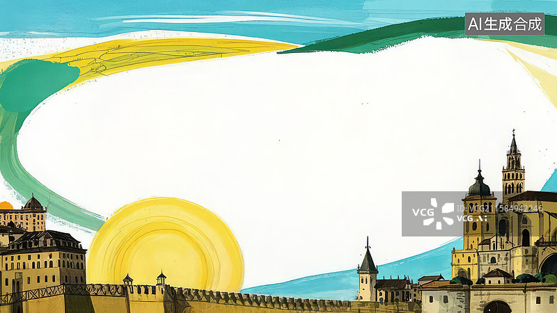 【AI数字艺术】水墨画最大-背景壁纸-1.古城与波浪背景的艺术插画图片素材