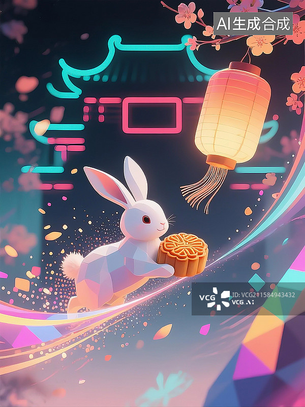 【AI数字艺术】华丽赛博中秋：几何玉兔抱月饼与霓虹夜景图片素材