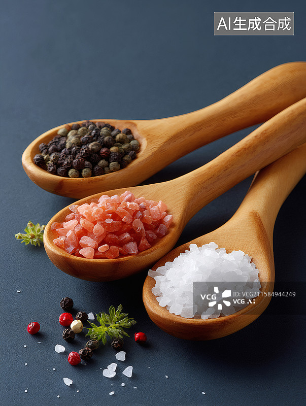 【AI数字艺术】木勺里盛放着粗盐和胡椒图片素材