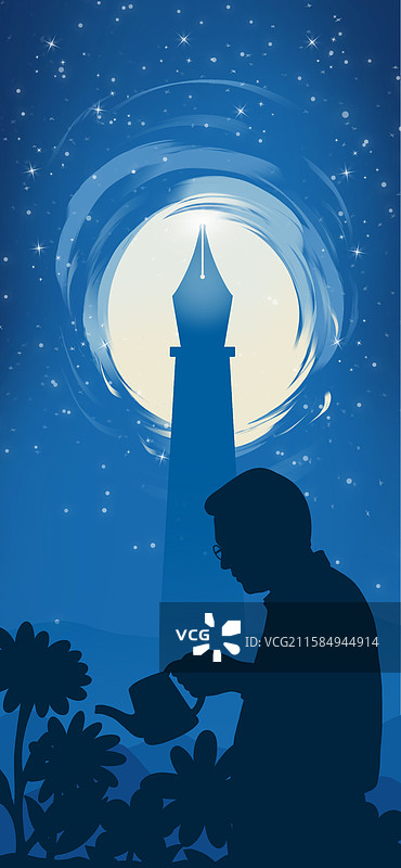 夜空下一位老师正在浇花图片素材