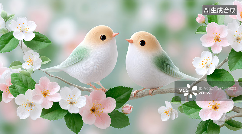 【AI数字艺术】开满花的树枝上两只可爱的小鸟图片素材