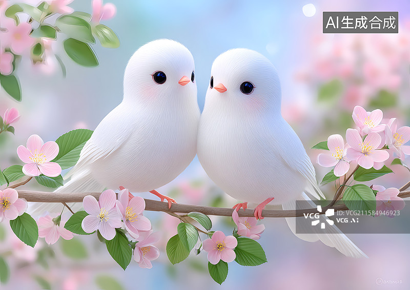 【AI数字艺术】开满花的树枝上两只可爱的小鸟图片素材