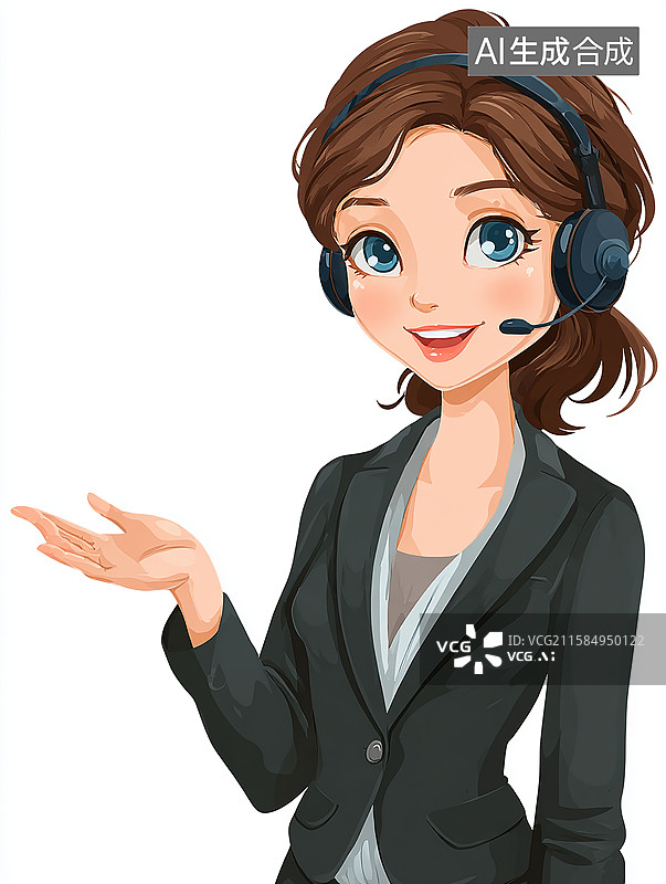 【AI数字艺术】戴耳机商务女性欢迎手势插画图片素材