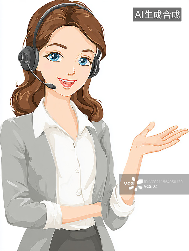 【AI数字艺术】戴耳机商务女性欢迎手势插画图片素材
