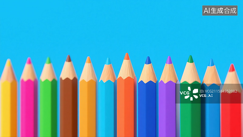 【AI数字艺术】活力四射的3D铅笔阵列创意抽象商业背景蓝色画布上的彩色铅笔商业演示、教育材料和艺术设计图片素材