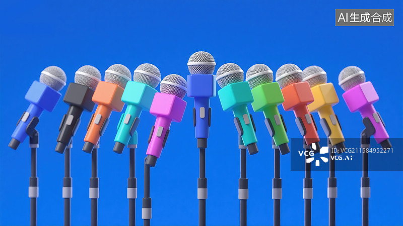 【AI数字艺术】多彩3D麦克风阵列创意抽象商业背景直播新闻采访传达通信和媒体商务演示、年会和科技会议图片素材