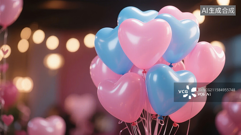 【AI数字艺术】粉色蓝色心形气球簇拥图片素材