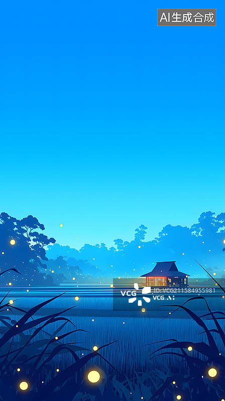 【AI数字艺术】夜晚田野中的小屋与萤火虫图片素材