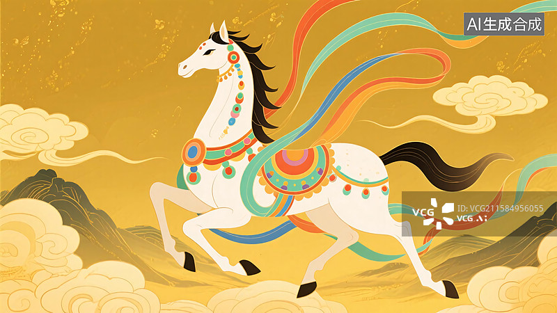 【AI数字艺术】新中式风格敦煌马年插画图片素材