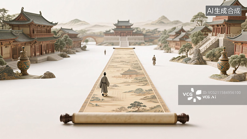 【AI数字艺术】古代人物走在卷轴上插画图片素材