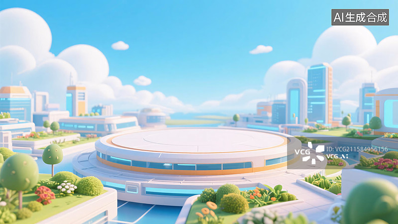 【AI数字艺术】3D科技风城市圆形商务产品展台图片素材