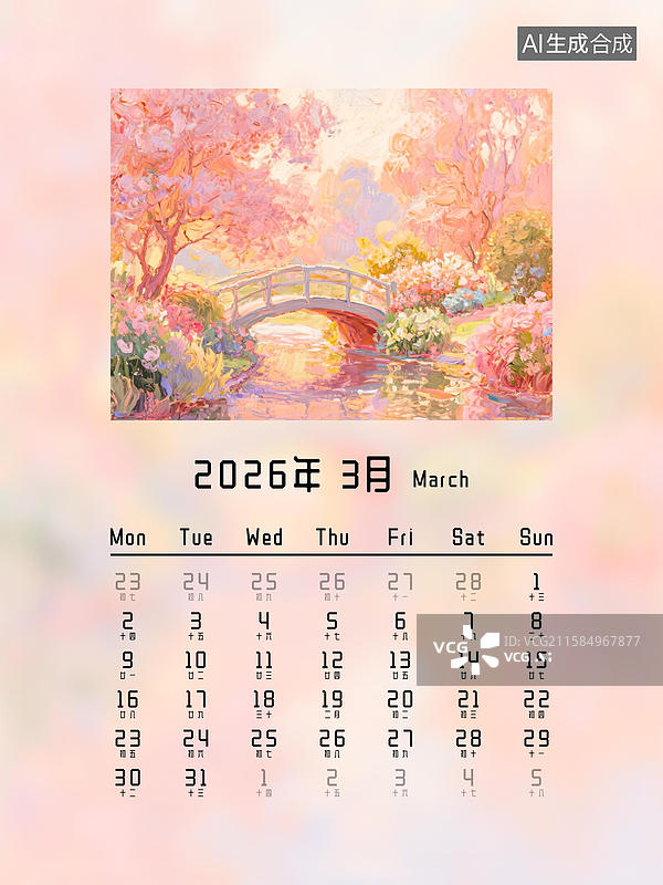 【AI数字艺术】2026年3月日历月历台历挂历印象派油画手绘厚涂油画棒肌理笔触 春暖花开花园小桥桃花樱花树木河流小溪图片素材