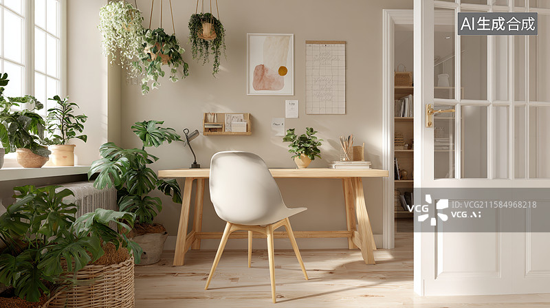 【AI数字艺术】温馨室内办公桌与绿植布置图片素材