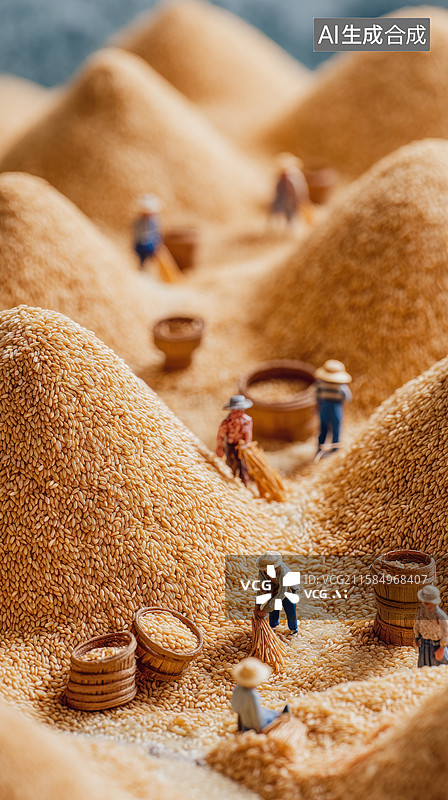 【AI数字艺术】微型场景：农民在谷堆间劳作图片素材