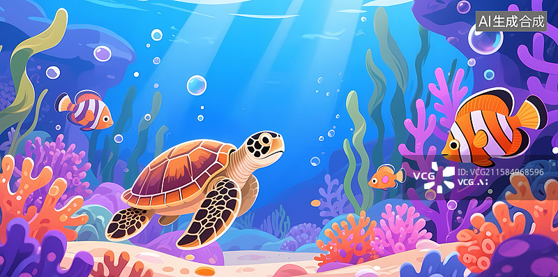 【AI数字艺术】海底世界：海龟与热带鱼图片素材