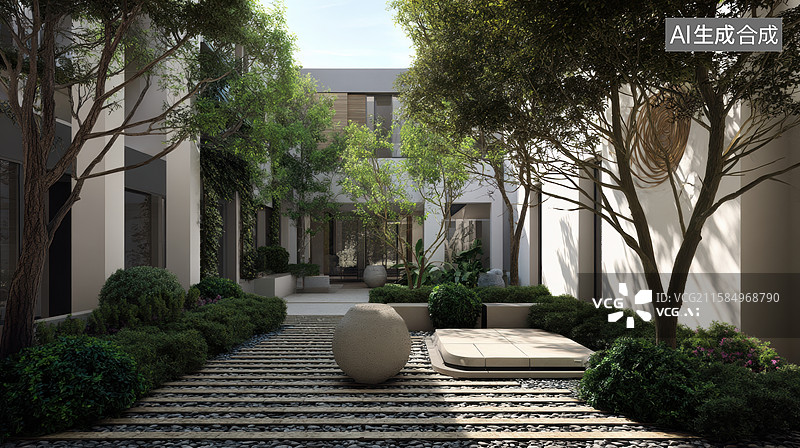 【AI数字艺术】现代庭院设计，绿植环绕的宁静空间图片素材