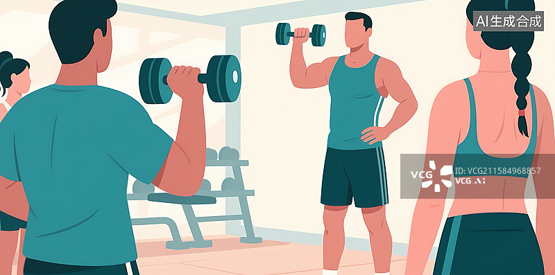 【AI数字艺术】健身房内众人进行哑铃锻炼图片素材