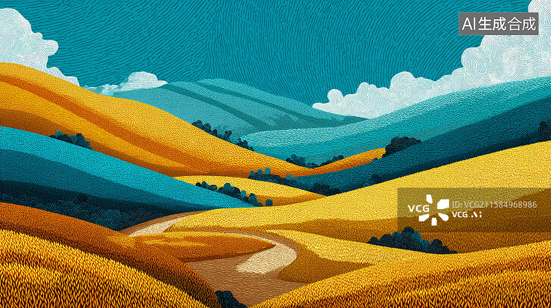 【AI数字艺术】金色起伏山丘与蜿蜒小径的乡村风景图片素材