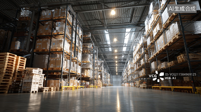 【AI数字艺术】大型仓库内整齐排列的货架与托盘图片素材