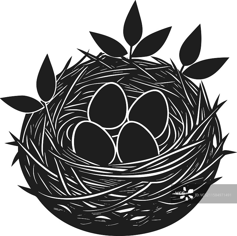 优雅的鸟巢，里面有蛋和春天的叶子图片素材