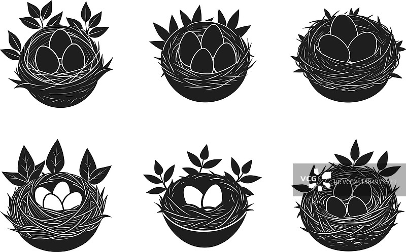 一组春季鸟巢轮廓与蛋的剪影图片素材