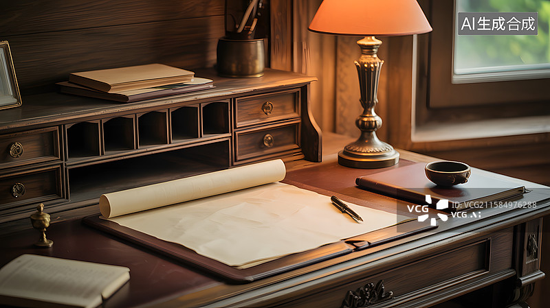 【AI数字艺术】复古书桌上的文房四宝图片素材