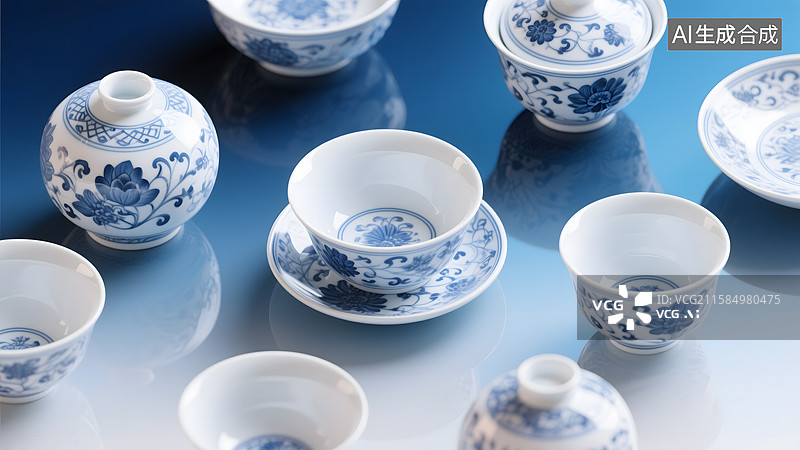 【AI数字艺术】桌子上的青花瓷茶具图片素材