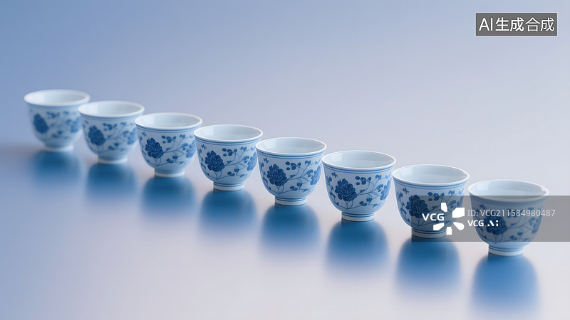 【AI数字艺术】一排青花瓷茶杯图片素材